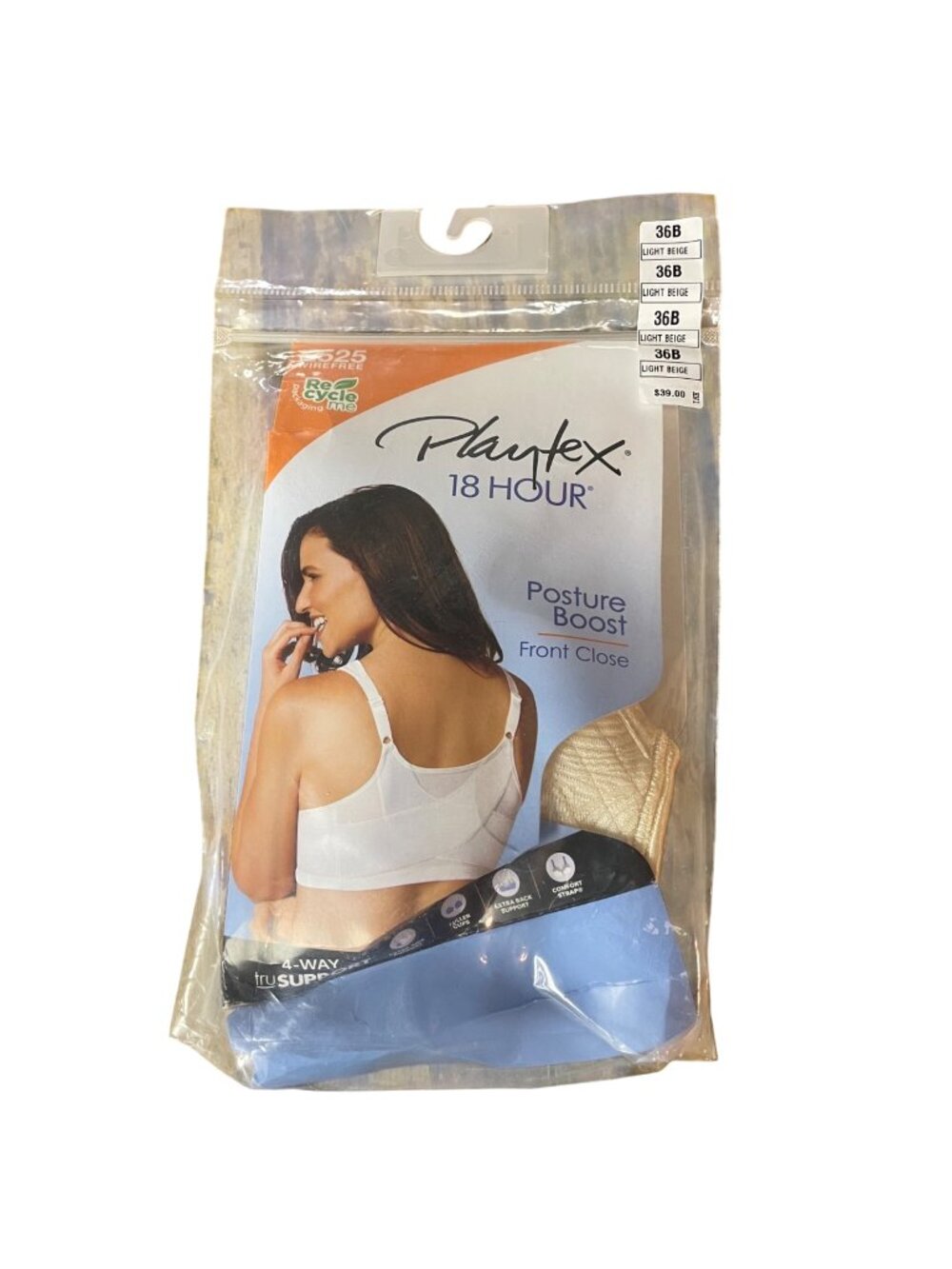 Playtex 18 Hour E525 Posture Boost Front Closure Wirefree Bra Light Beige Sz 36B